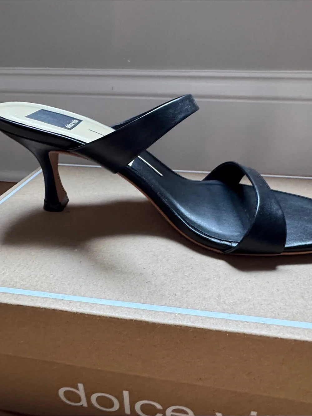 Dolce Vita Black Double-Strap Square-Toe Mid Heel Sandals